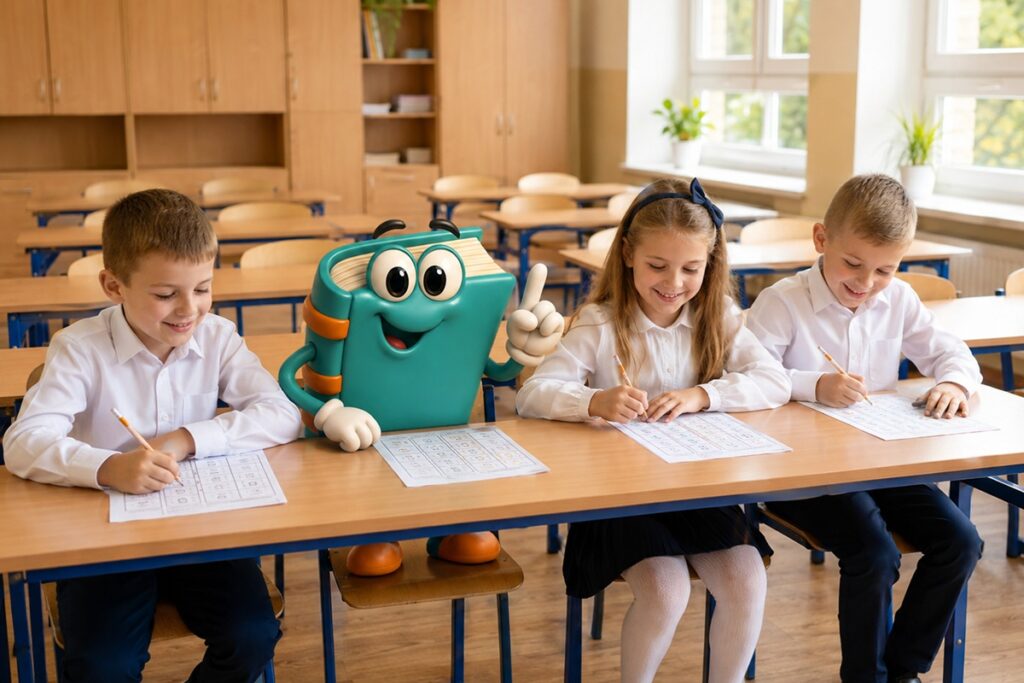 Dzieci wypełniają karty bingo podczas zabawy integracyjnej w klasie