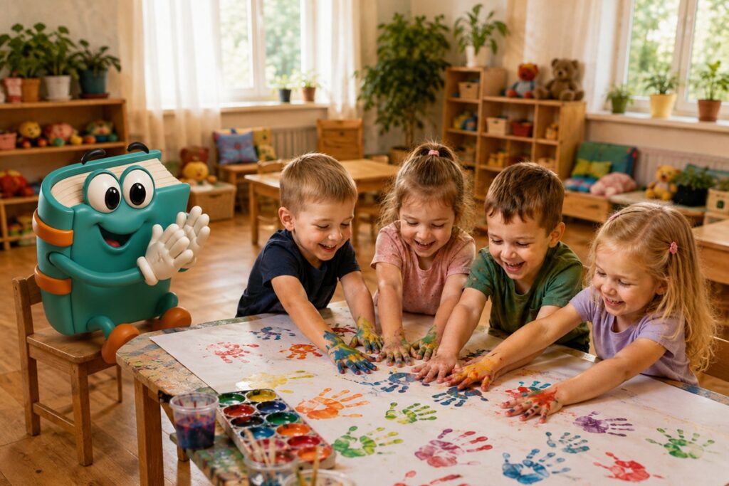Plakat z zasadami grupy przedszkolnej podpisany odbiciami dłoni dzieci