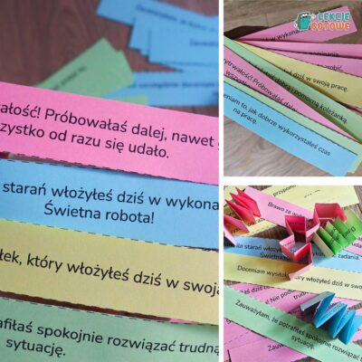 pocięte paski bilecików motywacyjnych z pozytywną informacją zwrotną dla uczniów
