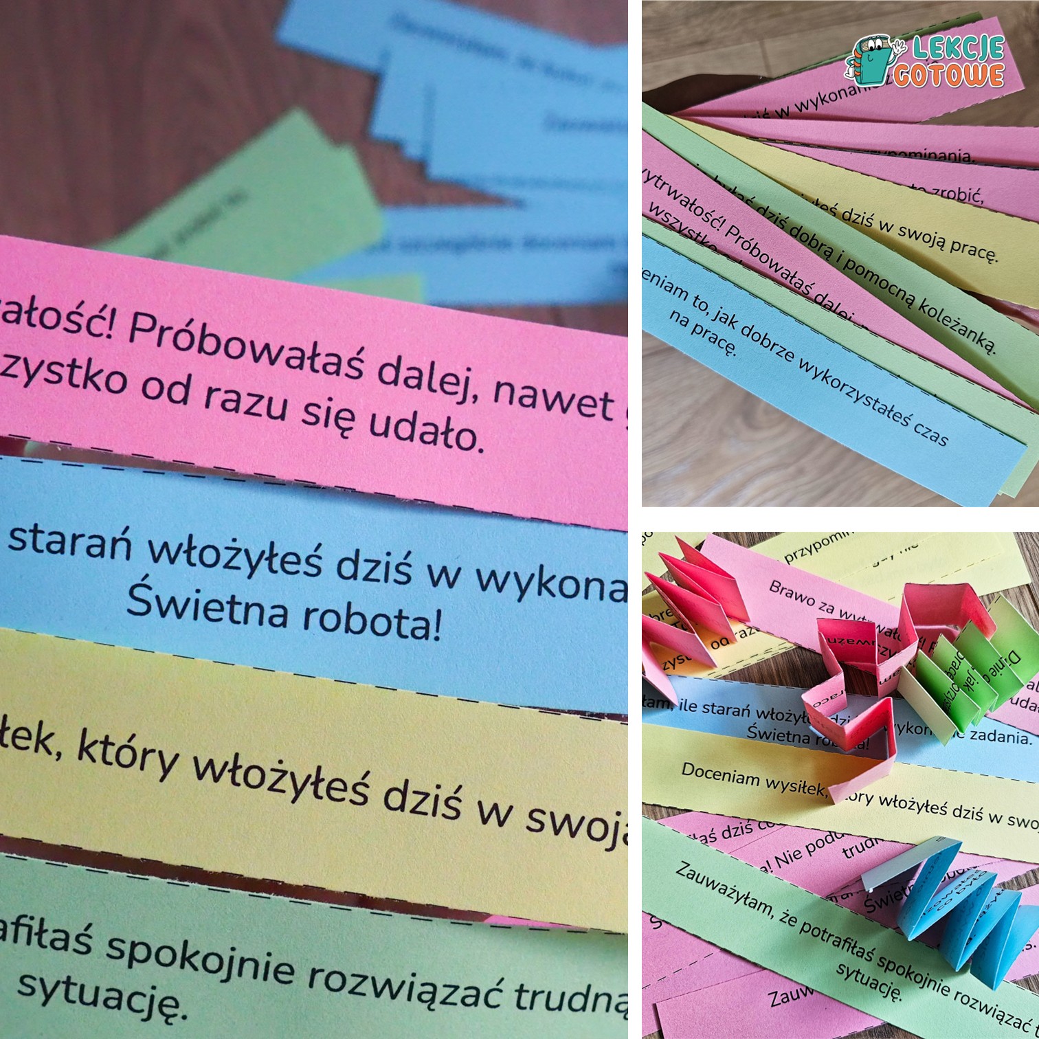 pocięte paski bilecików motywacyjnych z pozytywną informacją zwrotną dla uczniów