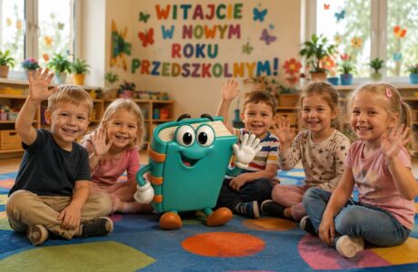 Dzieci witają się w kole na dywanie pierwszego dnia w przedszkolu.