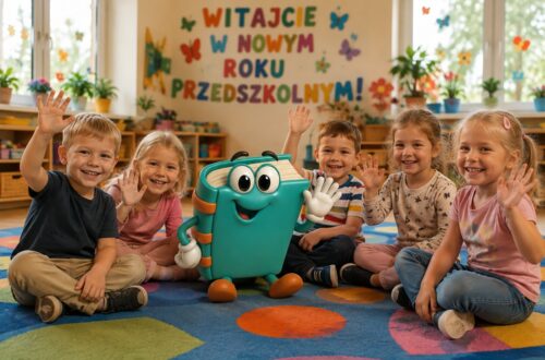 Dzieci witają się w kole na dywanie pierwszego dnia w przedszkolu.