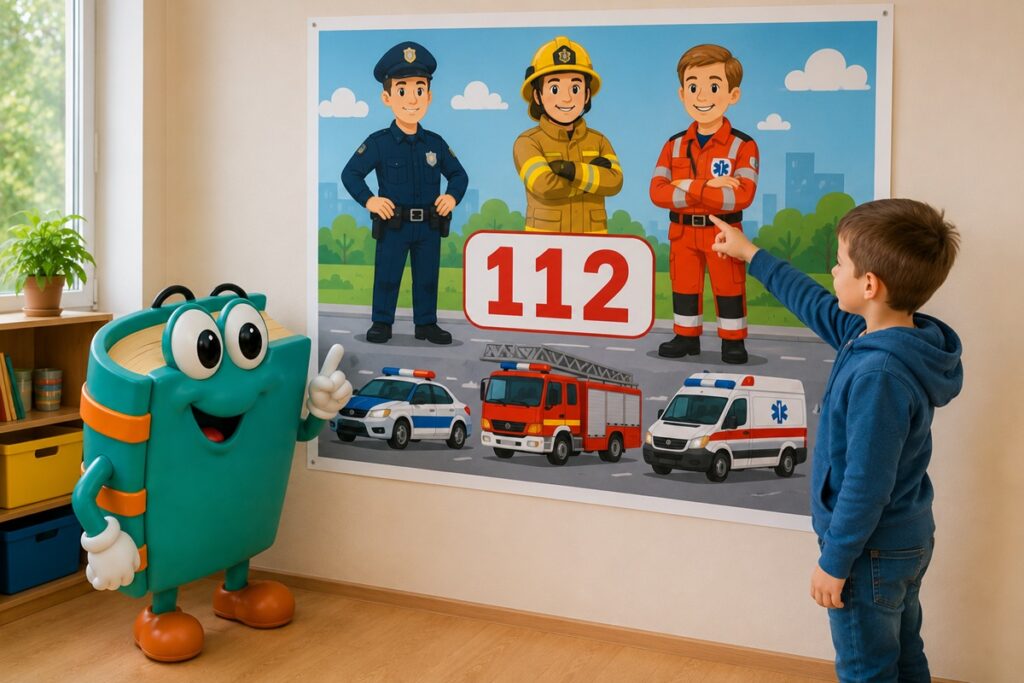 Plansza ze służbami alarmowymi i numerem 112 dla dzieci
