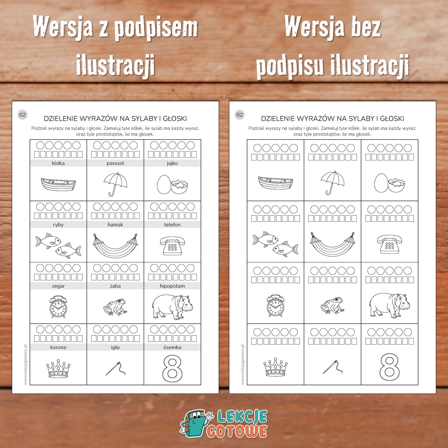dwie wersje karty pracy do dzielenia wyrazów na głoski i sylaby dla dzieci