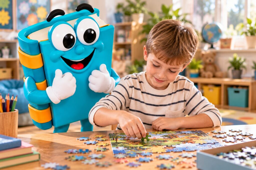 Dziecko samodzielnie i z zaangażowaniem układa puzzle, motywacja wewnętrzna