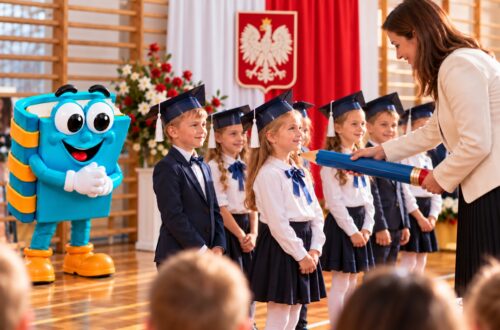 Pierwszoklasiści w biretach pasowania stoją w rzędzie podczas uroczystej akademii szkolnej