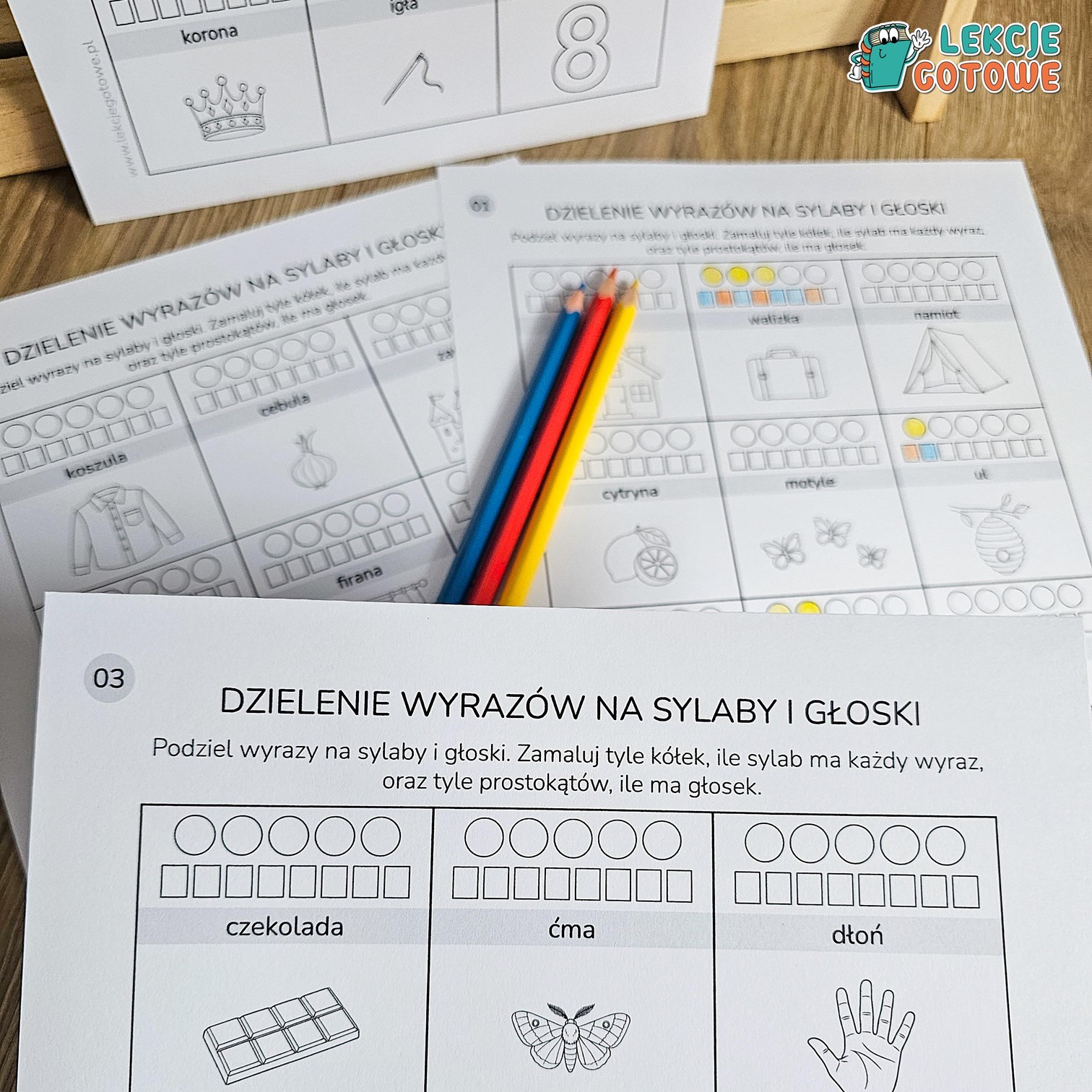 przykładowa karta do ćwiczenia podziału wyrazów na sylaby i głoski dla klasy 1