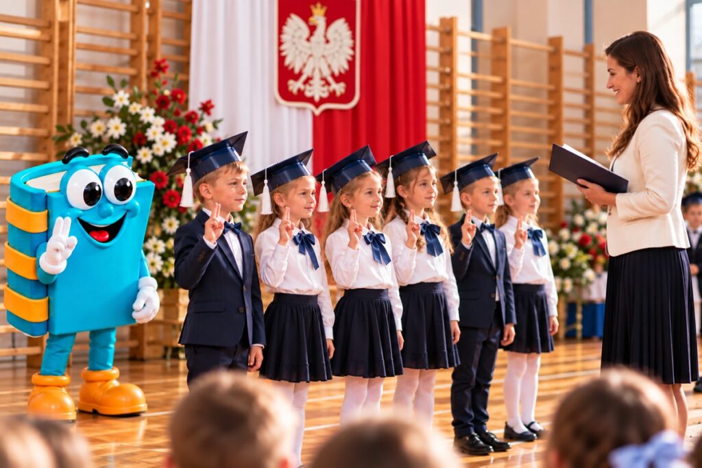 Pierwszoklasiści składają ślubowanie z podniesioną ręką podczas akademii szkolnej