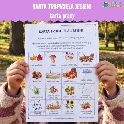 tropiciel jesieni z kartą pracy na spacerze