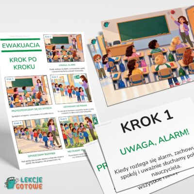 ewakuacja krok po kroku plansze i plakat dla dzieci