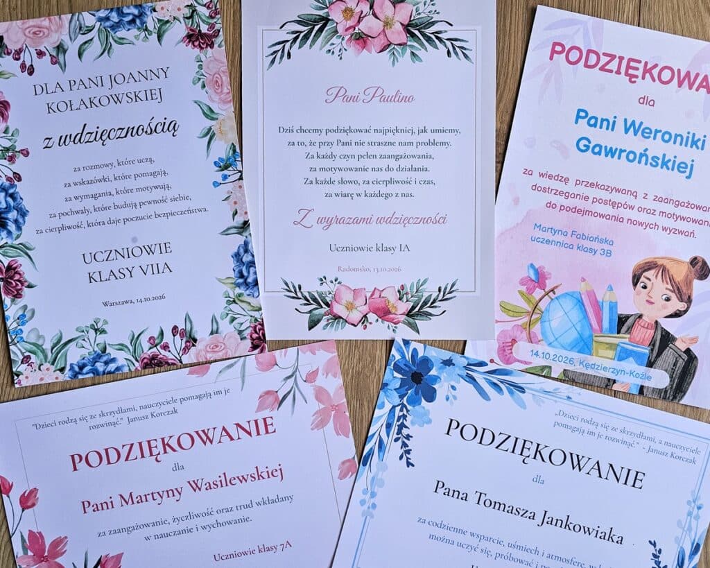 Przykładowe wydrukowane podziękowania dla nauczycieli i pracowników szkoły na Dzień Edukacji Narodowej